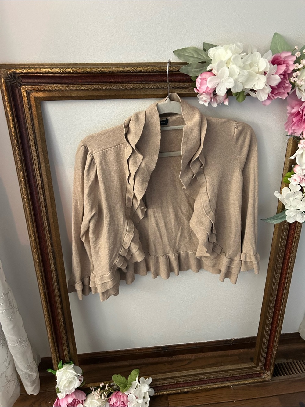 Ruffled Open-Front Crop Sweater Cardigan